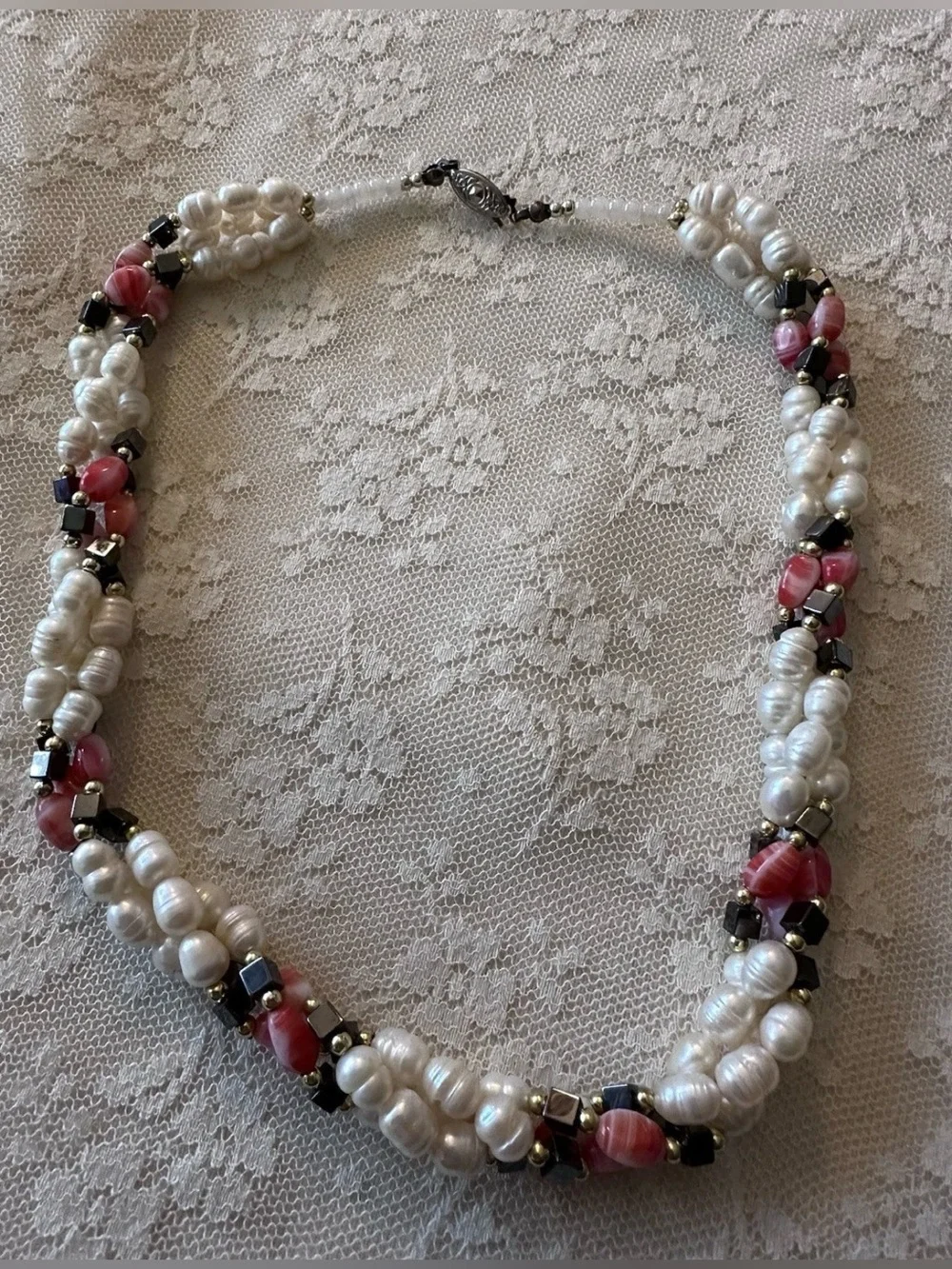 Multi-Strand Twisted Freshwater Pearl ? and Hematite ? Necklace